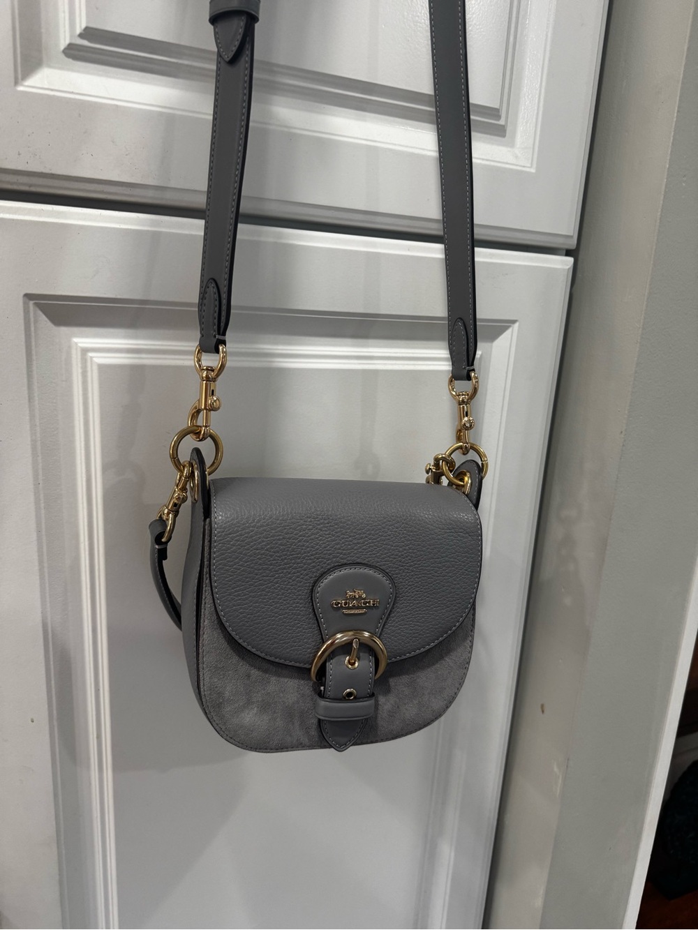 🩶COACH Gray Pebbled Leather & Suede Mini Saddle Bag with Gold Hardware - Picture 13 of 13